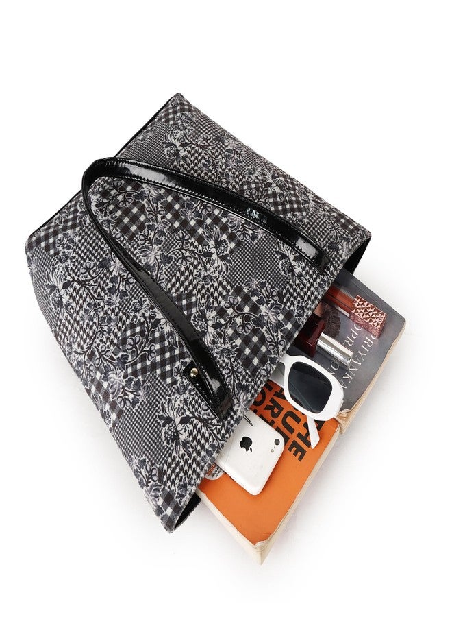 Daniel Clark حقيبة تسوق أنيقة من دانيال كلارك باللونين الأسود والأبيض بنقشة زهور مرقعة ومقابض لامعة (أسود) - Image 5